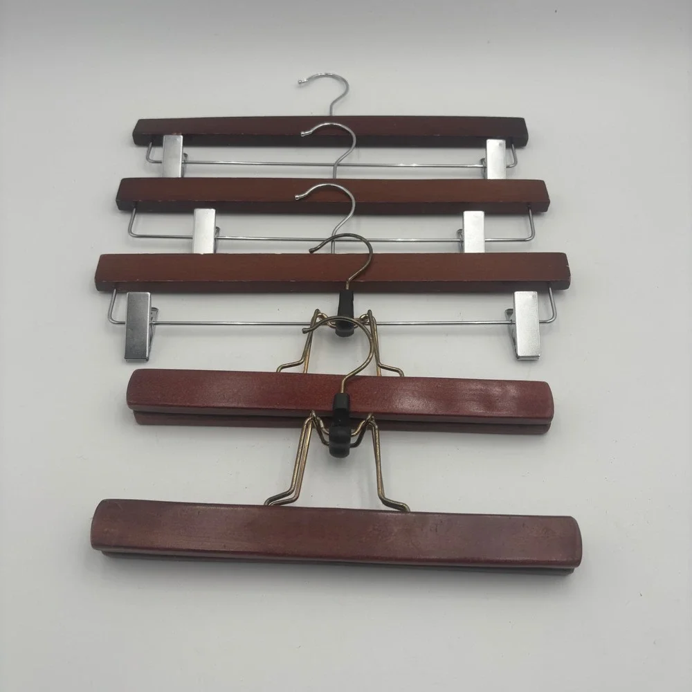 Wooden Pant Skirt Hangers Set of 5 Brown Good Mixed Clip Clamp Style
